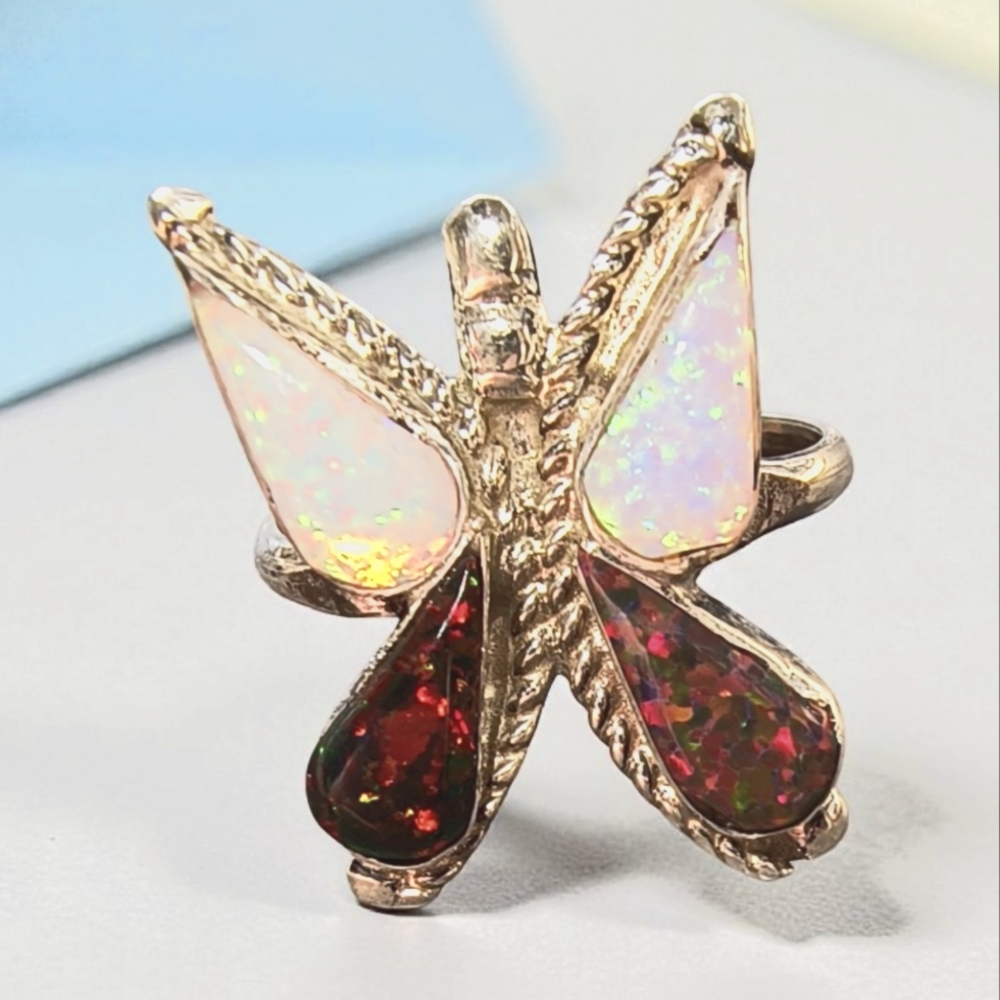 Zuni Sterling Silver Butterfly Ring by Swain Charlie – Lab Opal Inlay